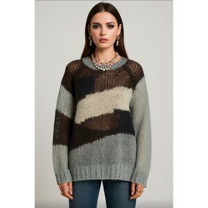 Theopen Product Boho Knit Mesh Sweater Multicolor Slouchy Pullover Artsy Grunge